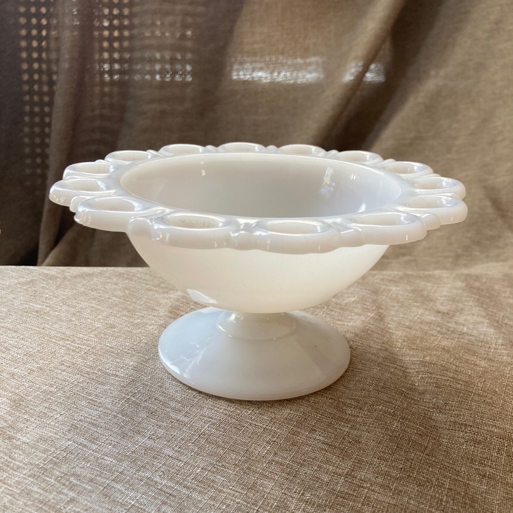Vintage Lace Edge Milk Glass White Pedestal Footed Compote Dish.
